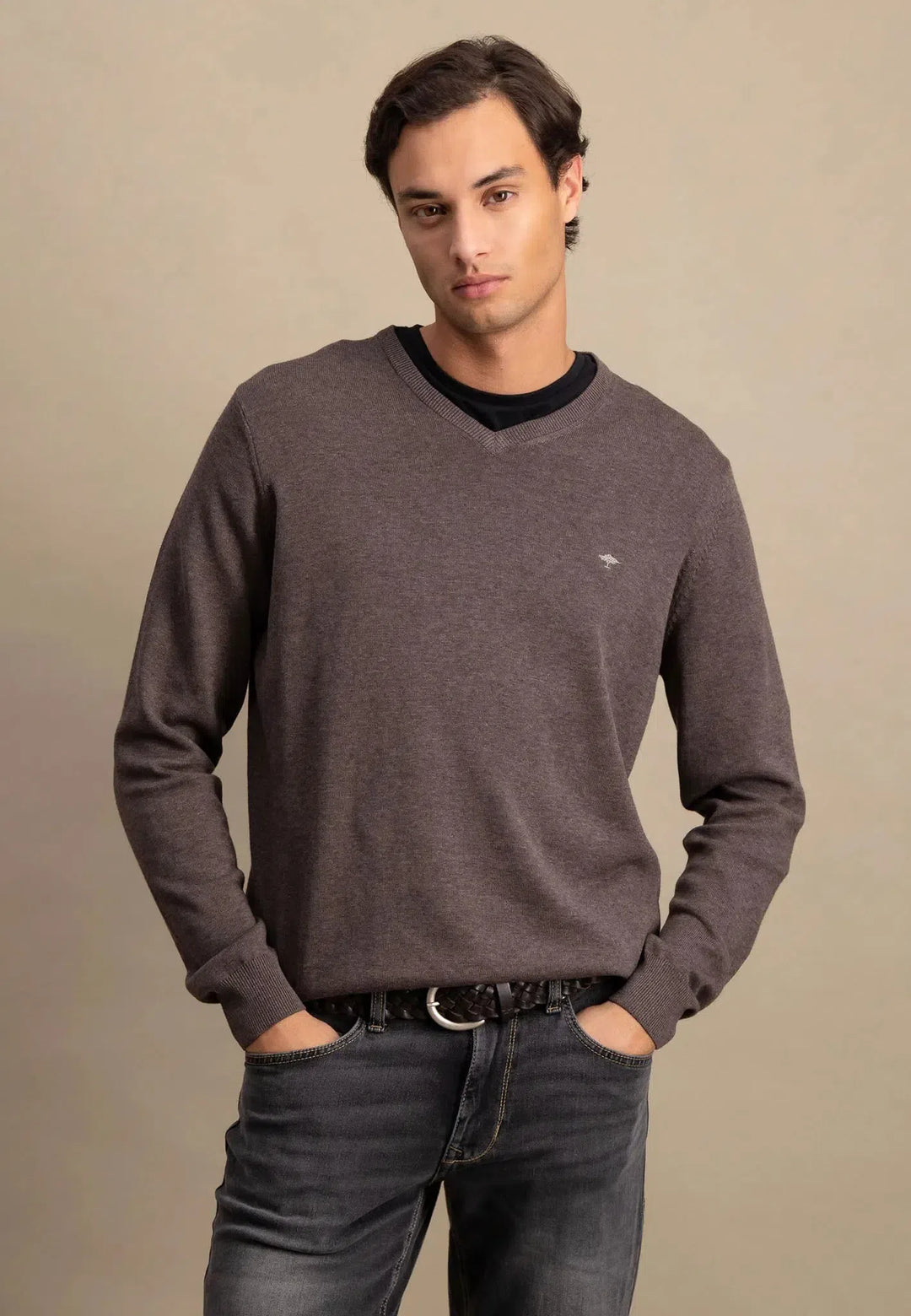 fynch-hatton-Fine Knit V-Neck Cotton Knit Earth