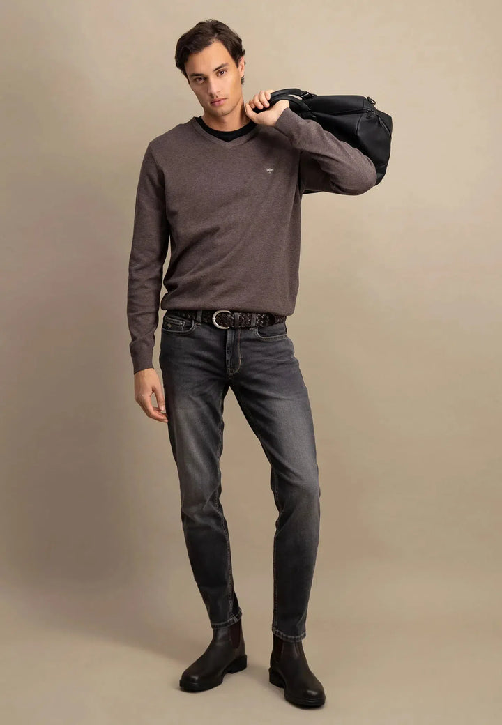 fynch-hatton-Fine Knit V-Neck Cotton Knit Earth