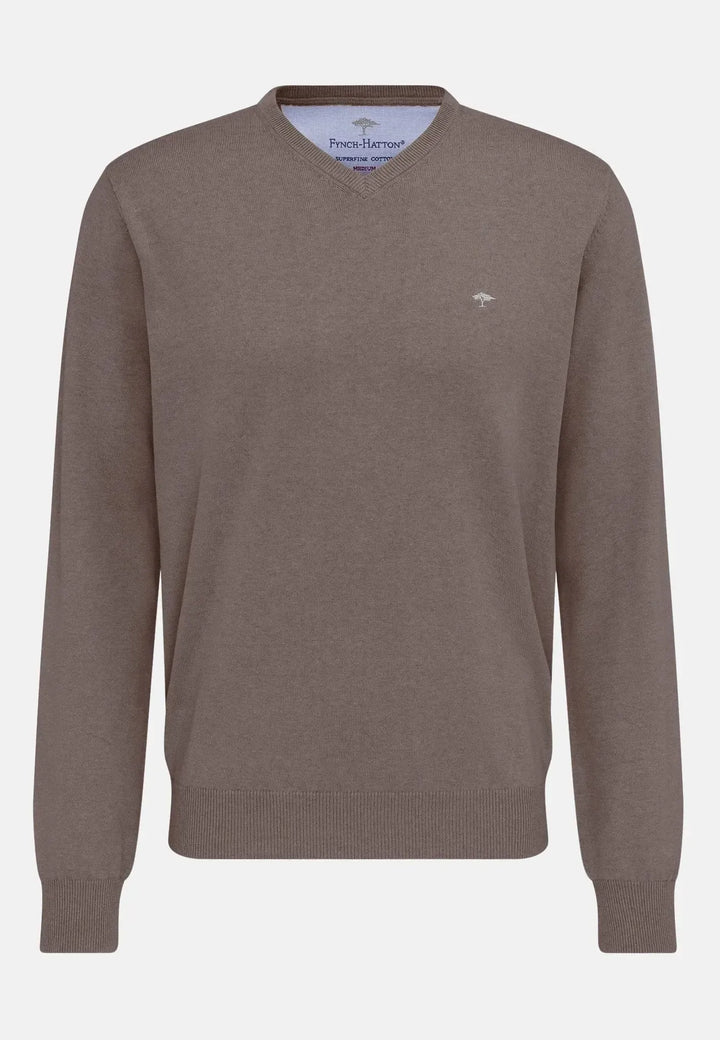 fynch-hatton-Fine Knit V-Neck Cotton Knit Earth