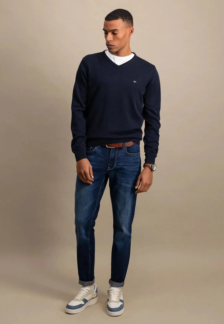 fynch-hatton-Fine Knit V-Neck Cotton Knit Navy
