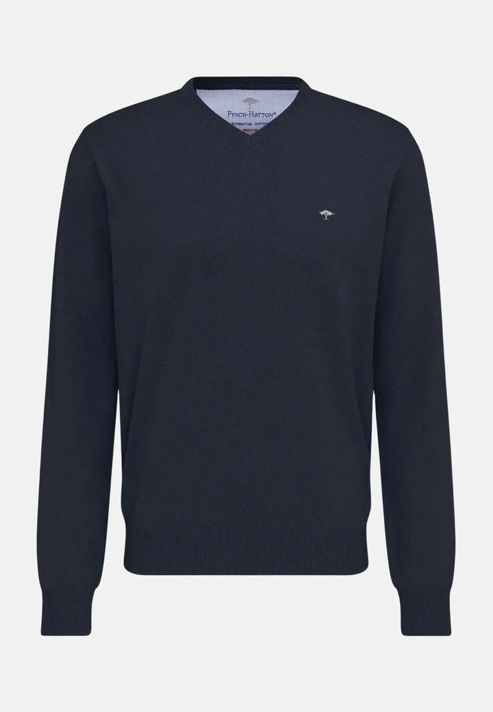fynch-hatton-Fine Knit V-Neck Cotton Knit Navy