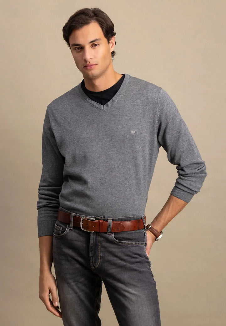 fynch-hatton-Fine Knit V-Neck Cotton Knit Steel