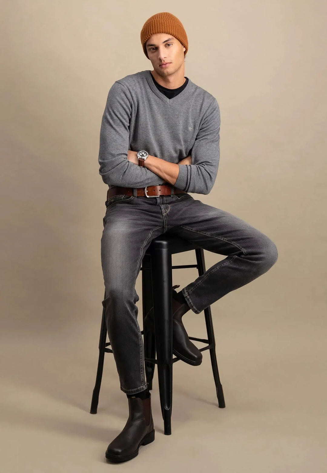 fynch-hatton-Fine Knit V-Neck Cotton Knit Steel