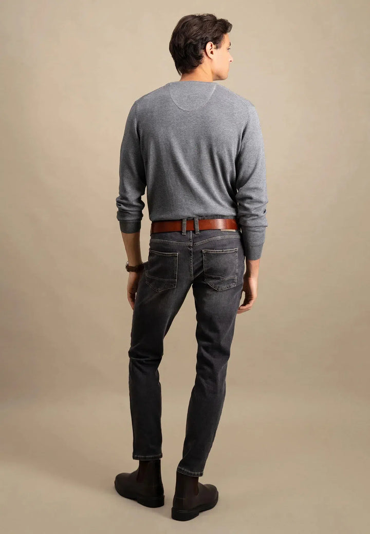 fynch-hatton-Fine Knit V-Neck Cotton Knit Steel