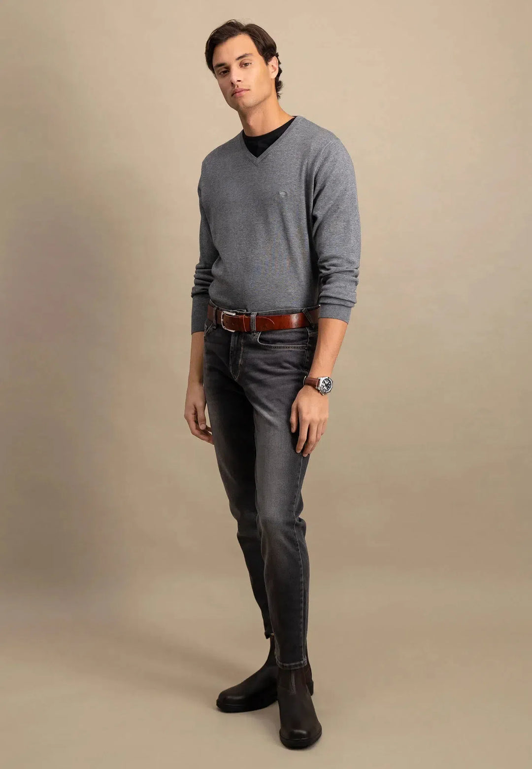 fynch-hatton-Fine Knit V-Neck Cotton Knit Steel