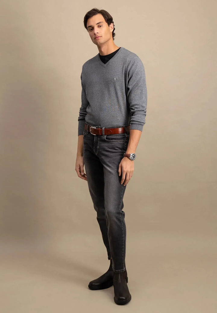 fynch-hatton-Fine Knit V-Neck Cotton Knit Steel