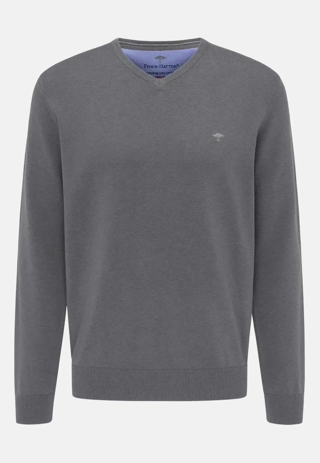 fynch-hatton-Fine Knit V-Neck Cotton Knit Steel