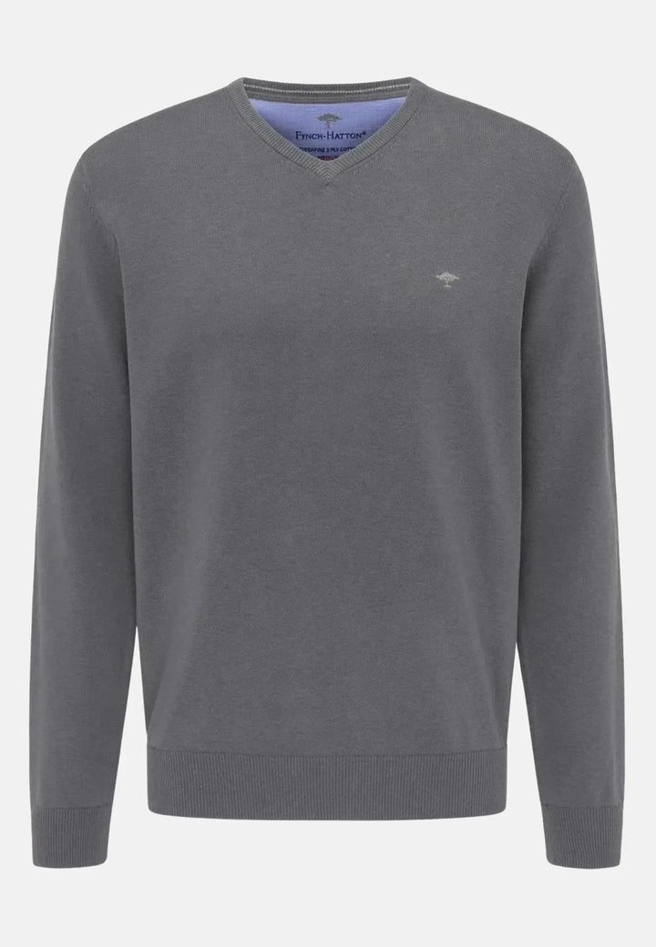 fynch-hatton-Fine Knit V-Neck Cotton Knit Steel