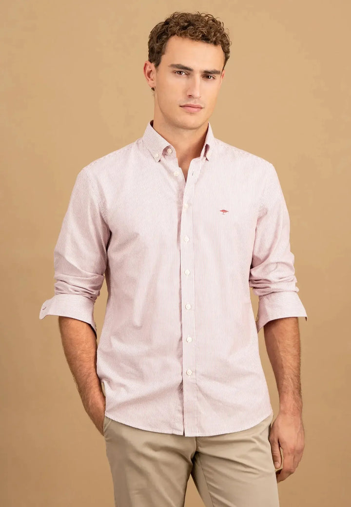 fynch-hatton-Fine Oxford Stripe Button Down Shirt Berry