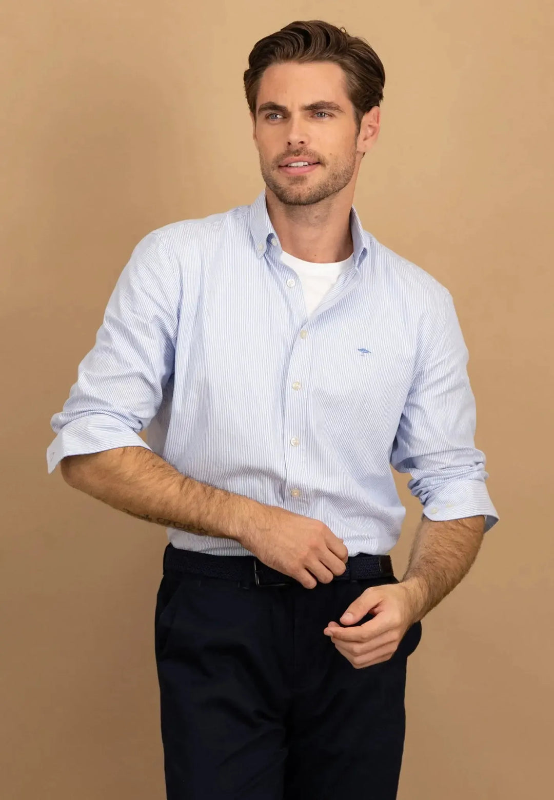 fynch-hatton-Fine Oxford Stripe Button Down Shirt Crystal Blue