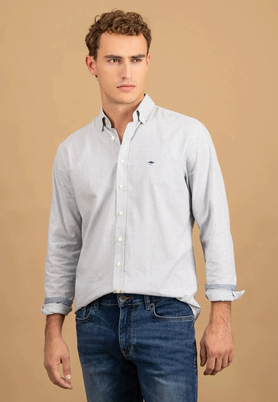 fynch-hatton-Fine Oxford Stripe Button Down Shirt Misty Blue