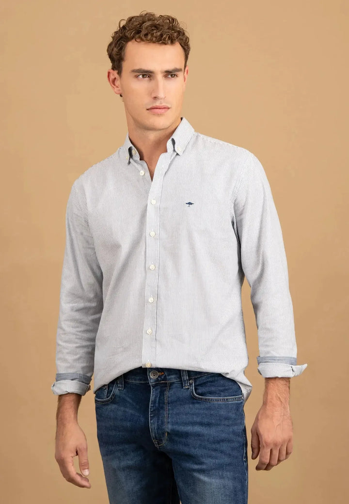 fynch-hatton-Fine Oxford Stripe Button Down Shirt Misty Blue