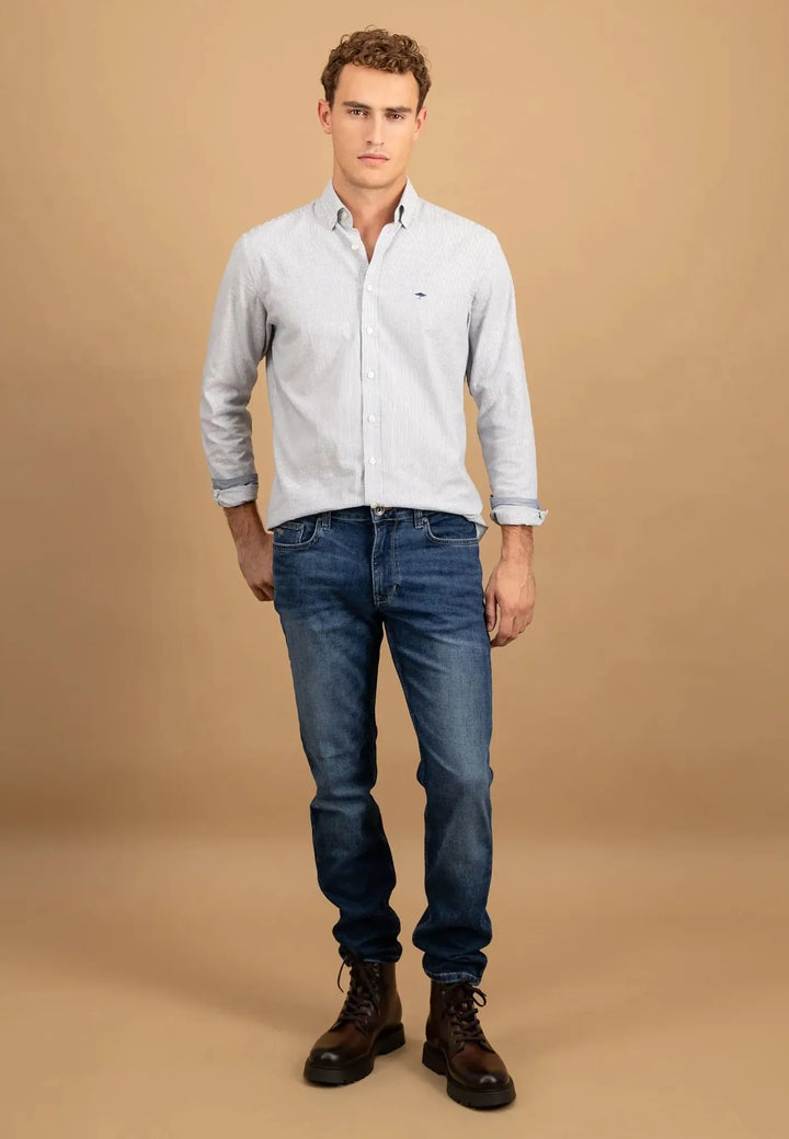 fynch-hatton-Fine Oxford Stripe Button Down Shirt Misty Blue