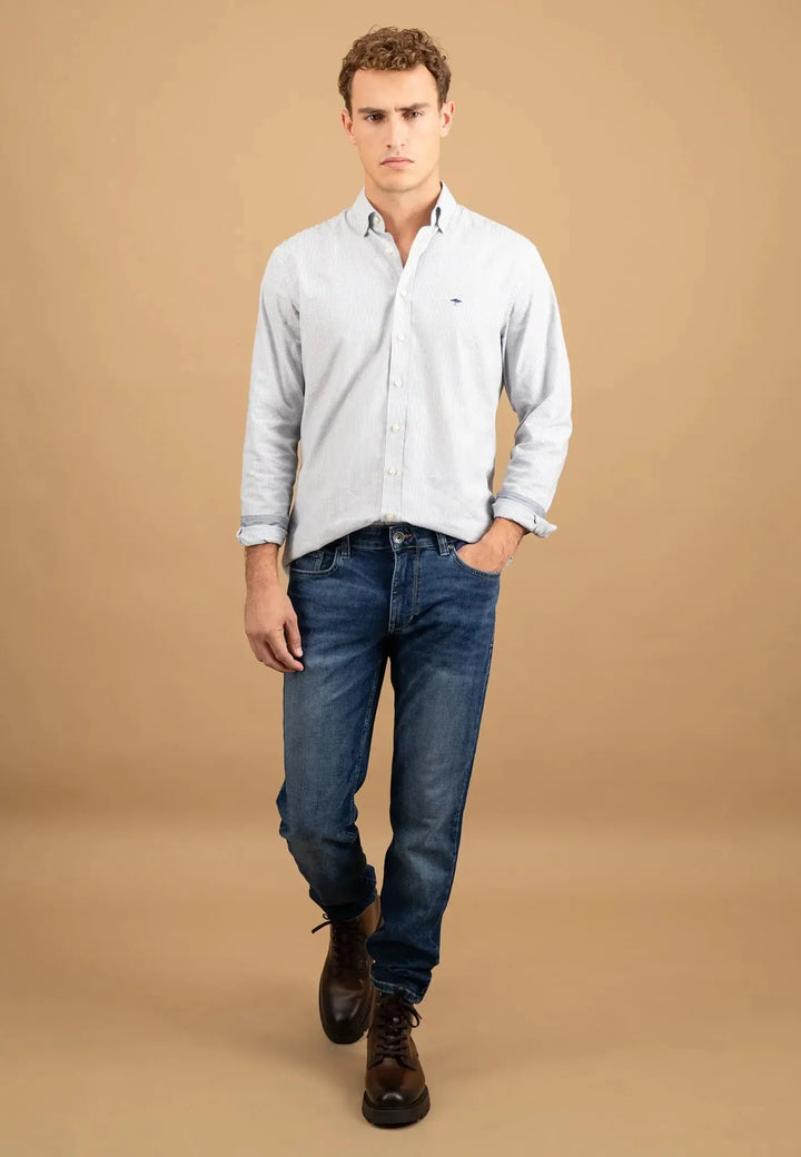 fynch-hatton-Fine Oxford Stripe Button Down Shirt Misty Blue
