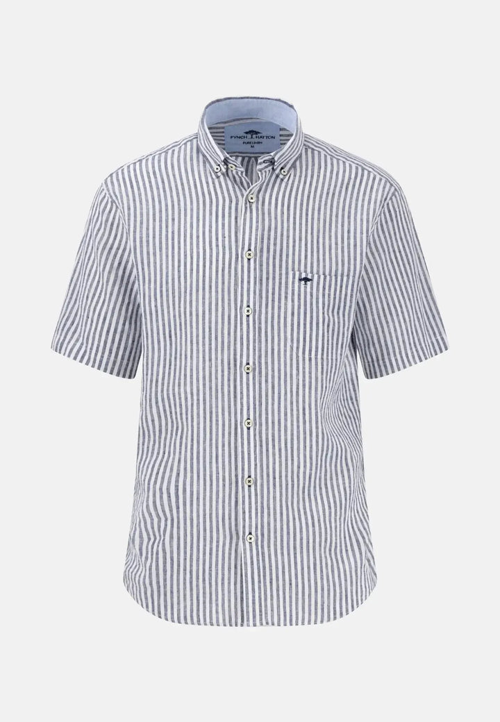 fynch-hatton-Fine Stripe Linen Short Sleeved Shirt Navy