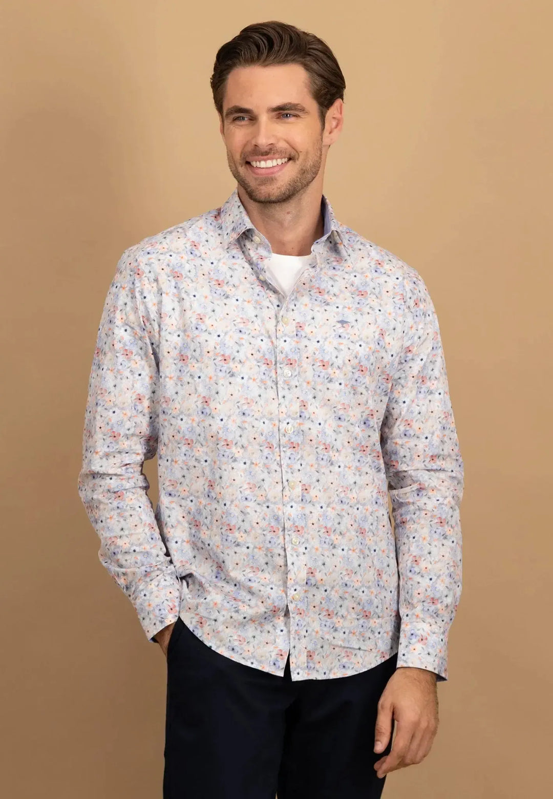 fynch-hatton-Floral Kent Collar Shirt Peach