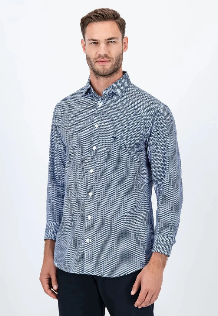fynch-hatton-Geometric Print Kent Collar Shirt Midnight