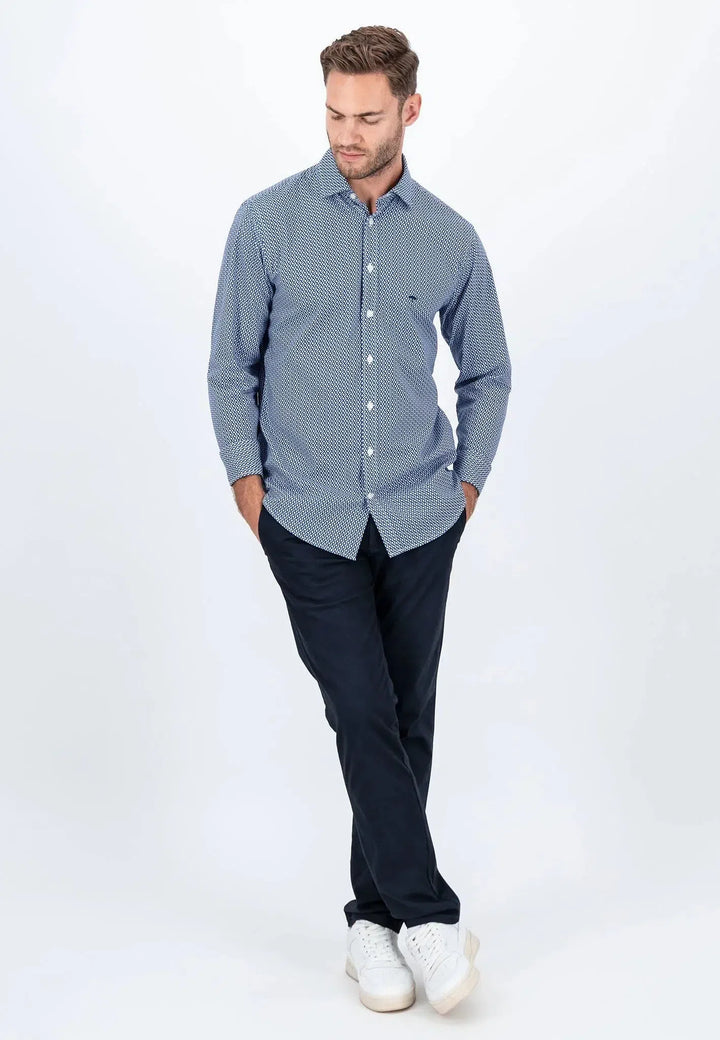 fynch-hatton-Geometric Print Kent Collar Shirt Midnight