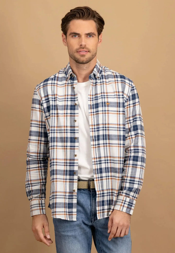 fynch-hatton-Herringbone Check Button Down Shirt Misty Blue