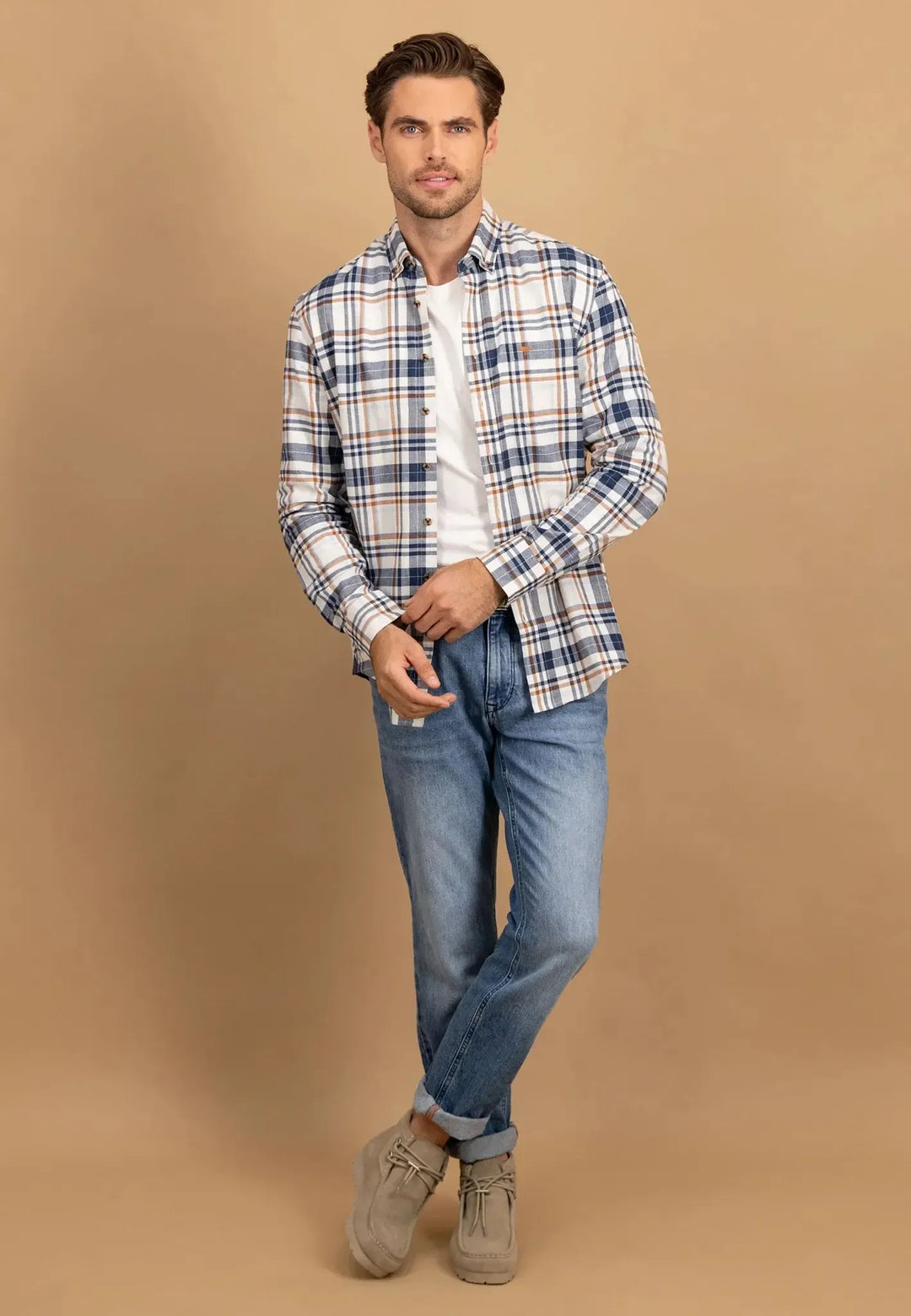 fynch-hatton-Herringbone Check Button Down Shirt Misty Blue