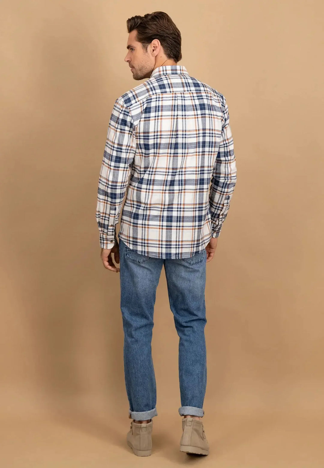fynch-hatton-Herringbone Check Button Down Shirt Misty Blue