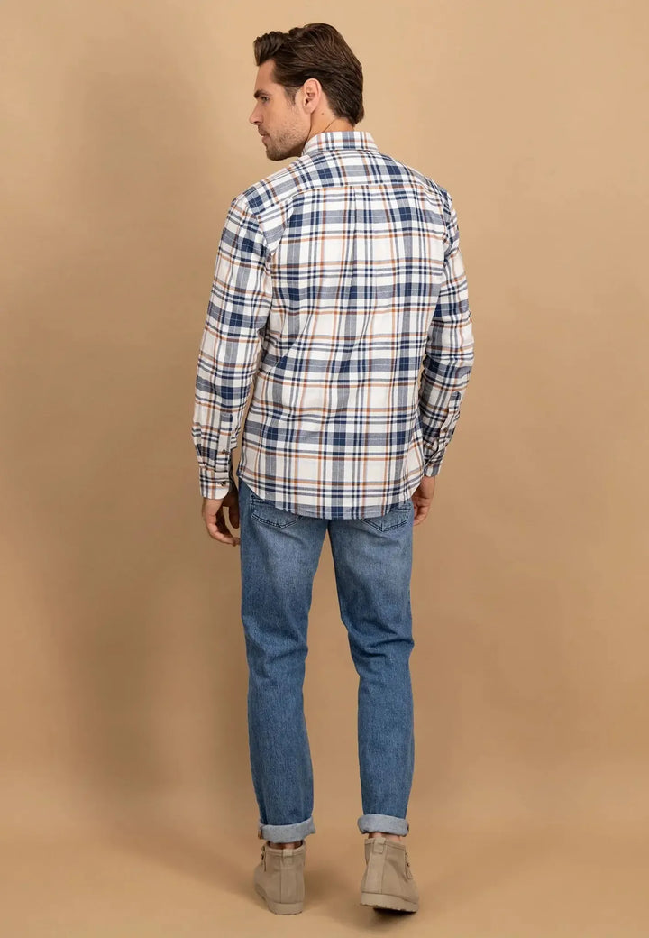 fynch-hatton-Herringbone Check Button Down Shirt Misty Blue