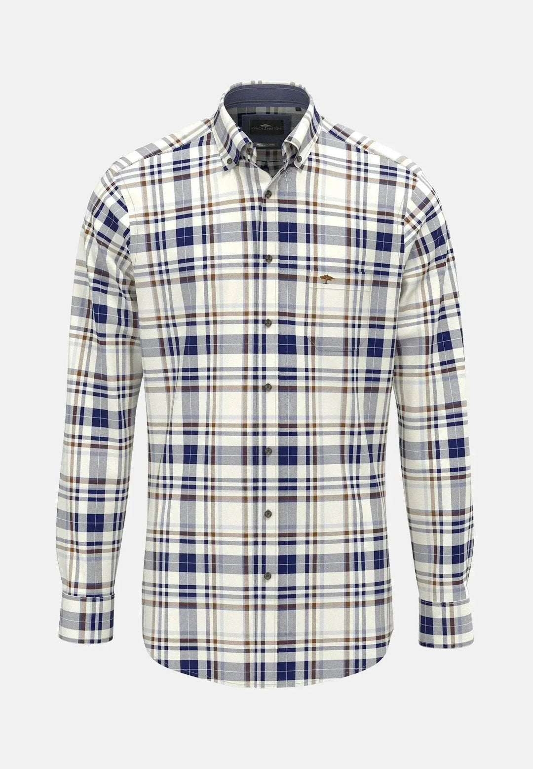 fynch-hatton-Herringbone Check Button Down Shirt Misty Blue