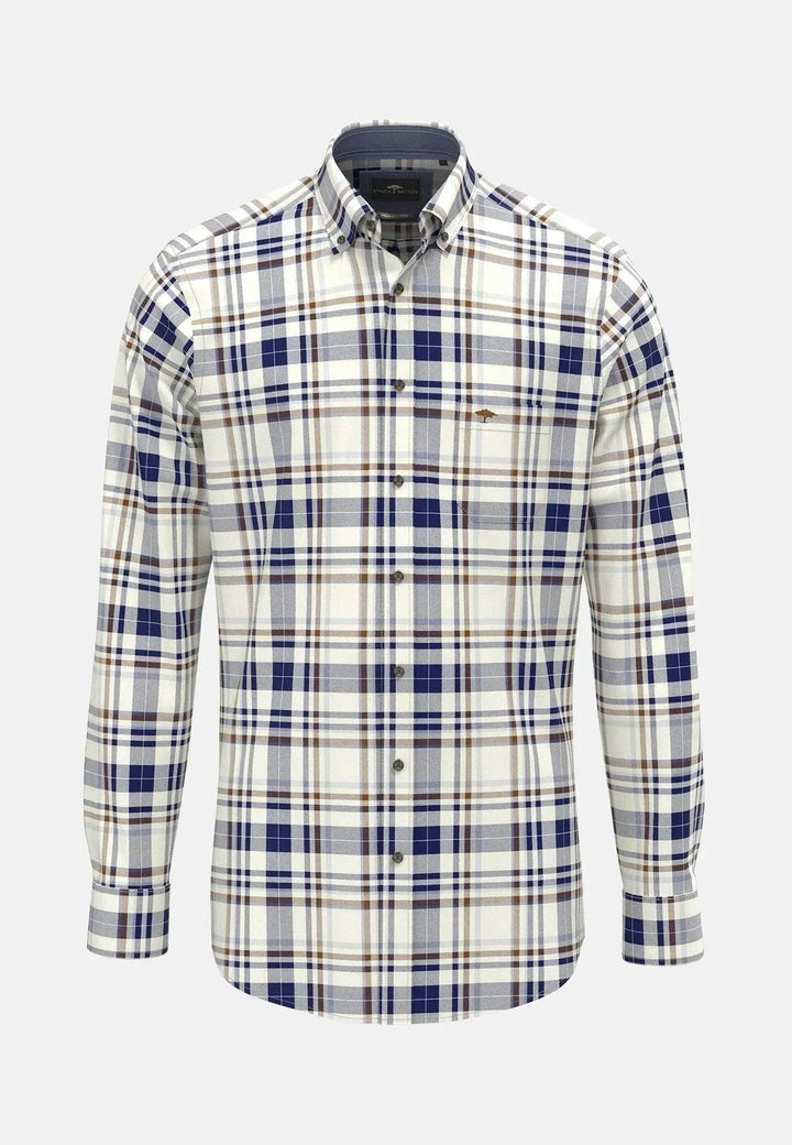 fynch-hatton-Herringbone Check Button Down Shirt Misty Blue