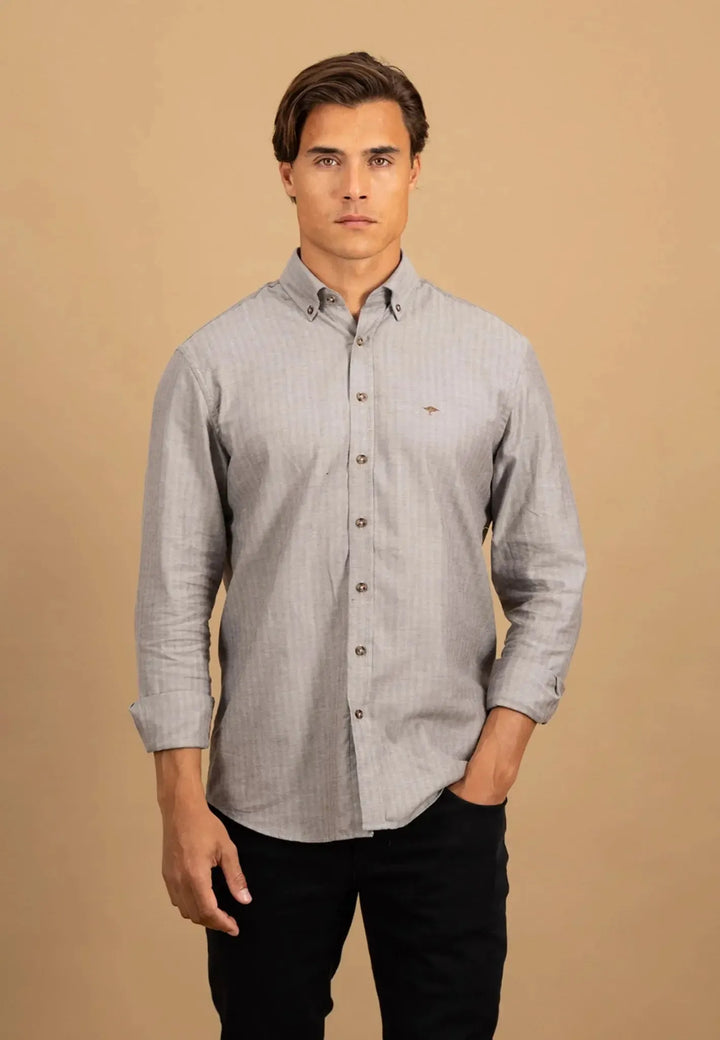 fynch-hatton-Herringbone Flannel Button Down Shirt Dark Chocolate