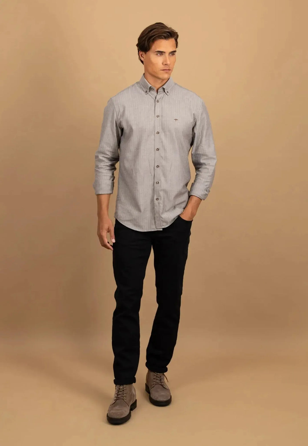fynch-hatton-Herringbone Flannel Button Down Shirt Dark Chocolate