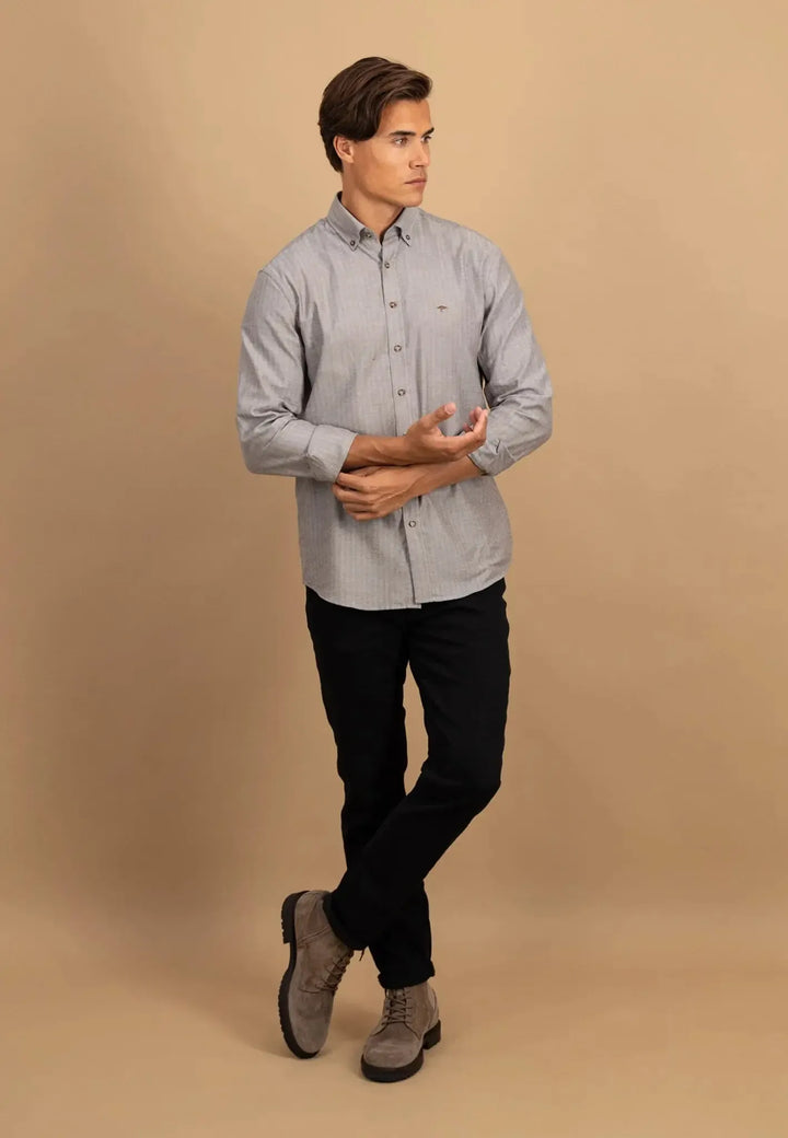 fynch-hatton-Herringbone Flannel Button Down Shirt Dark Chocolate