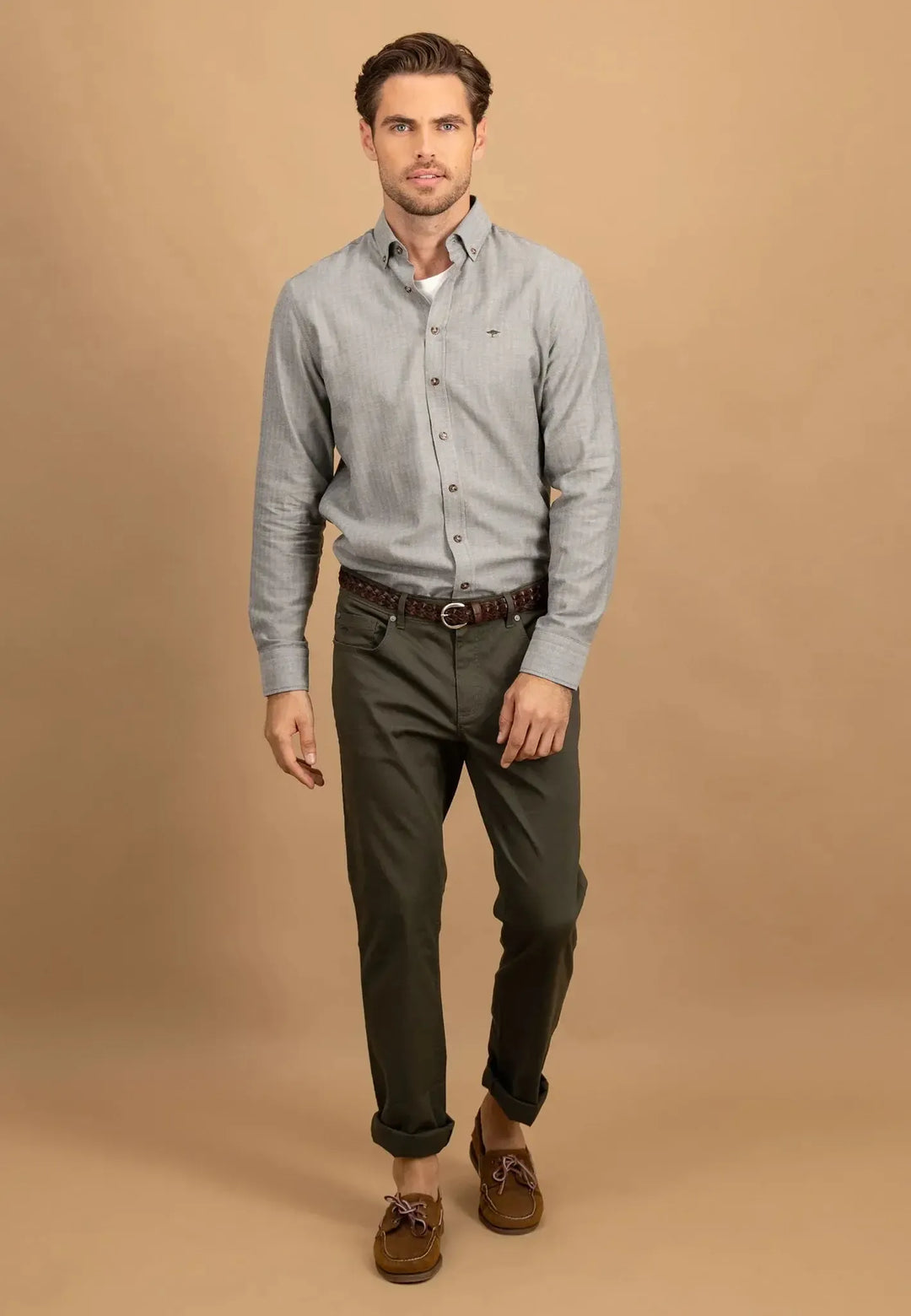 fynch-hatton-Herringbone Flannel Button Down Shirt Dark Ivy