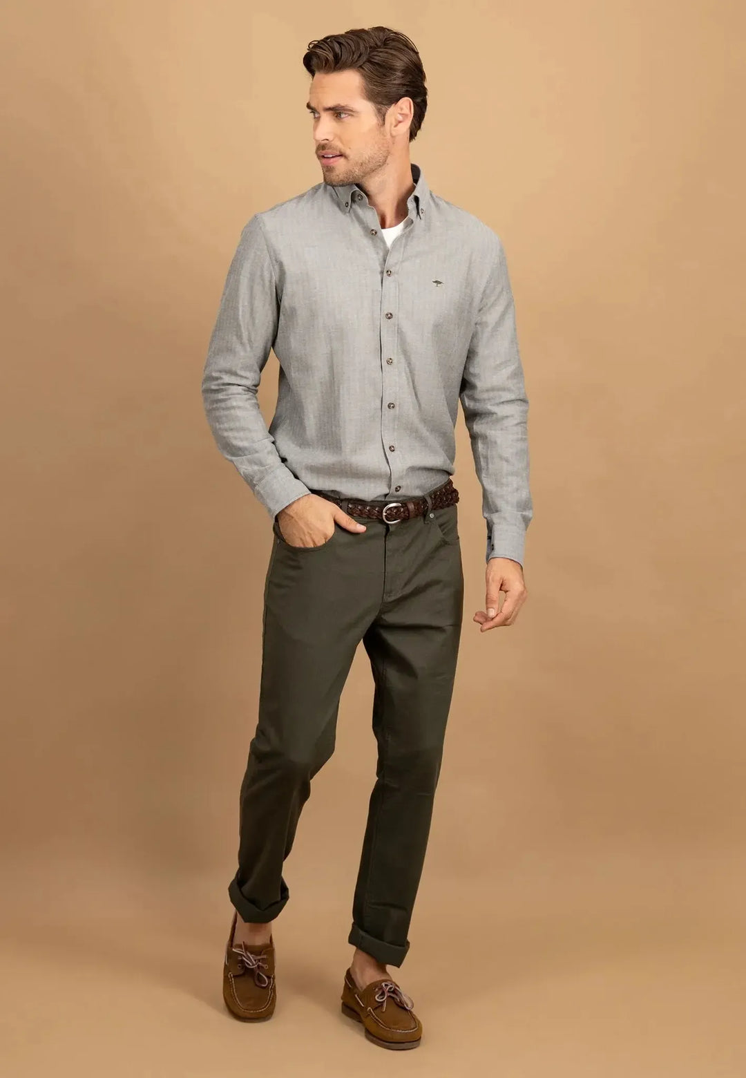 fynch-hatton-Herringbone Flannel Button Down Shirt Dark Ivy
