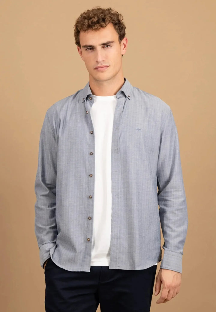 fynch-hatton-Herringbone Flannel Button Down Shirt Navy