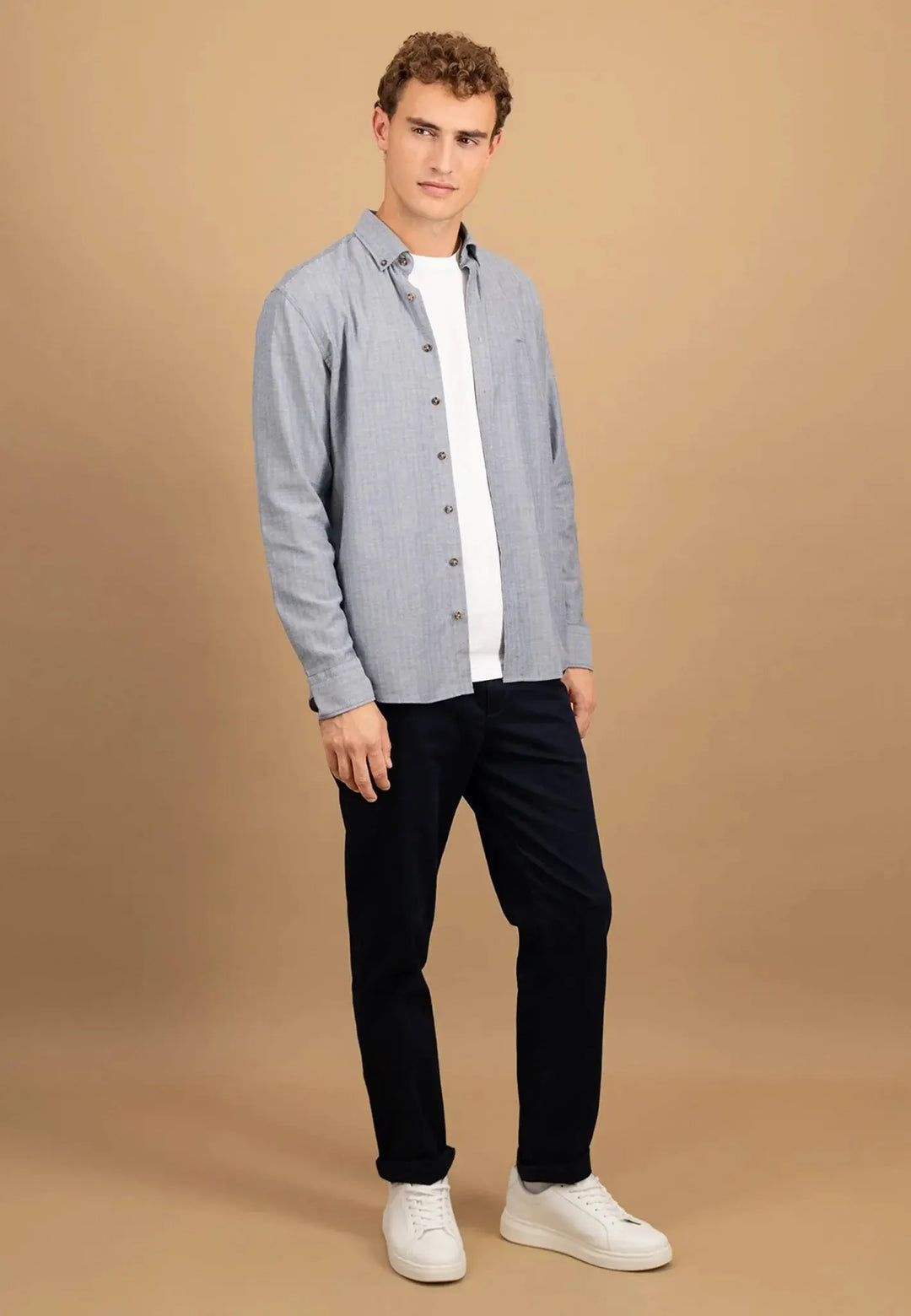 fynch-hatton-Herringbone Flannel Button Down Shirt Navy