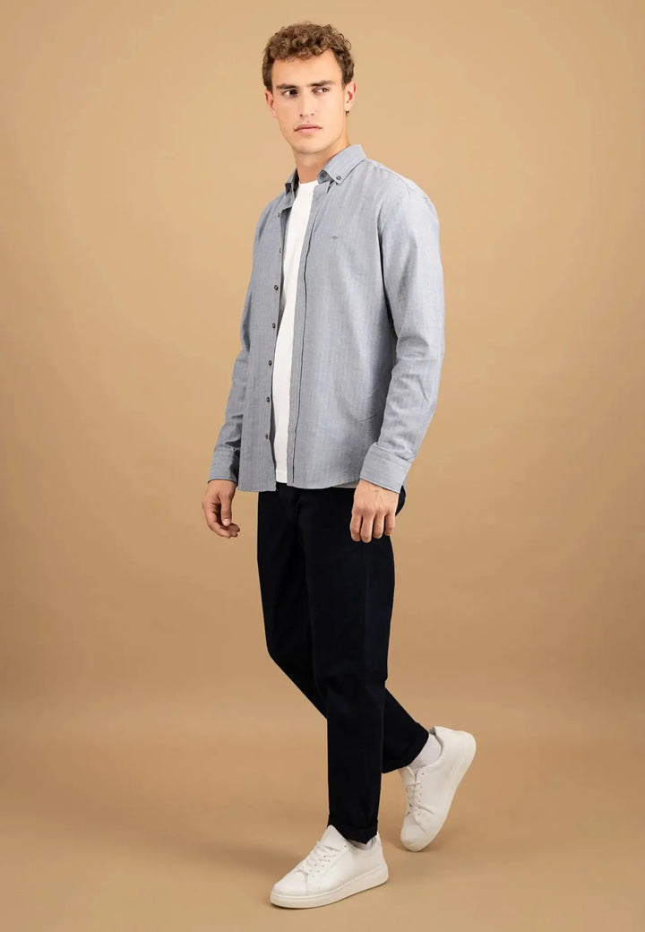 fynch-hatton-Herringbone Flannel Button Down Shirt Navy
