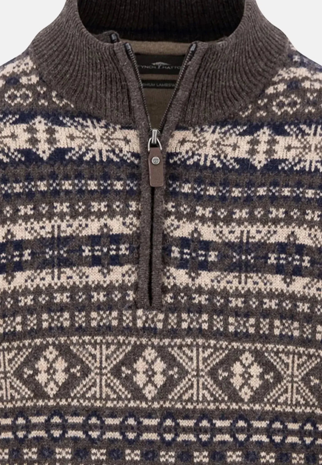 fynch-hatton-Lambswool Jacquard 1/4 Zip Knit Dark Chocolate