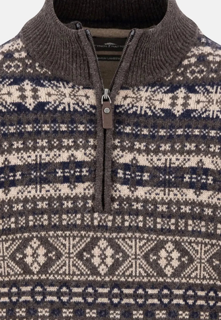 fynch-hatton-Lambswool Jacquard 1/4 Zip Knit Dark Chocolate