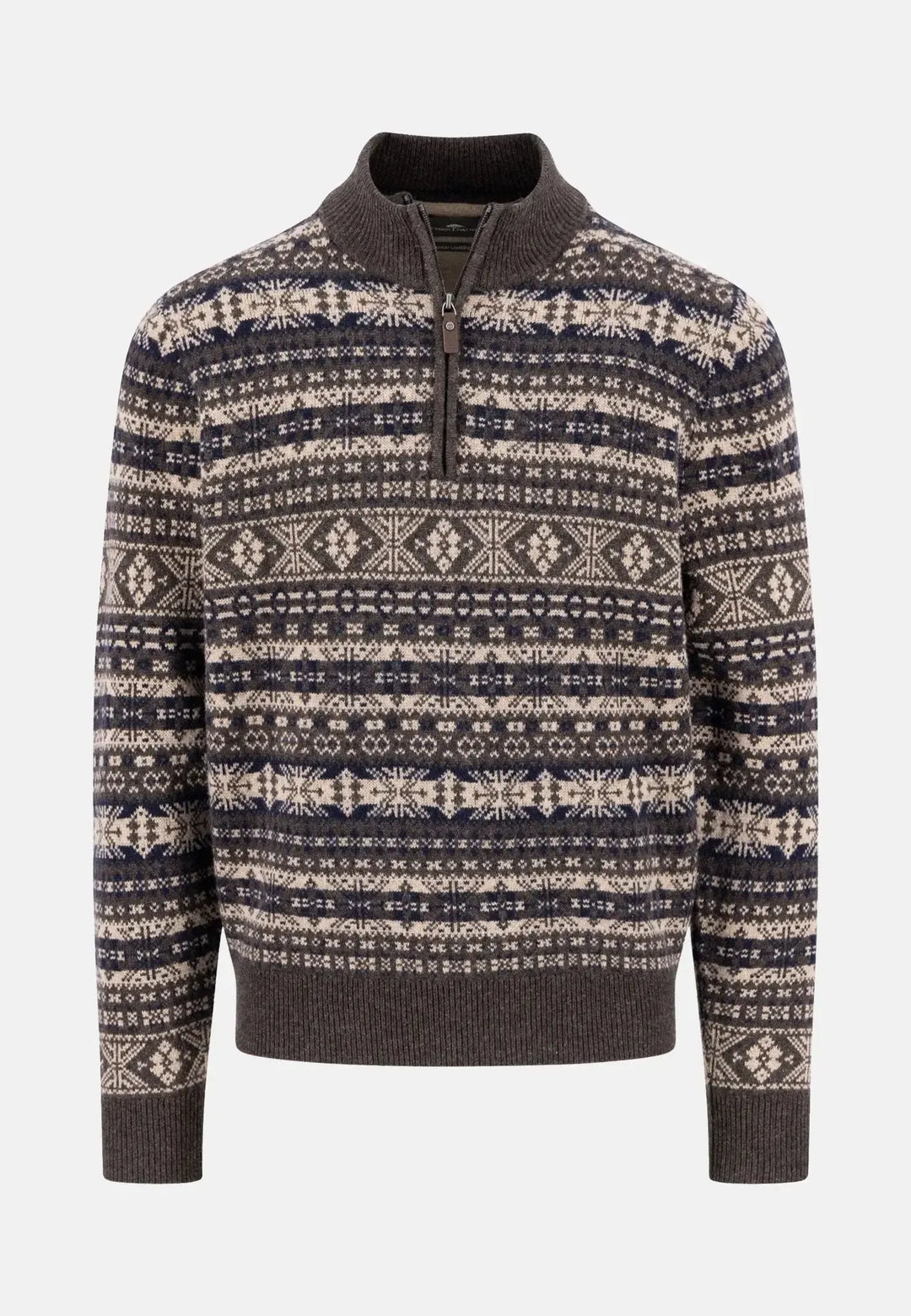 fynch-hatton-Lambswool Jacquard 1/4 Zip Knit Dark Chocolate