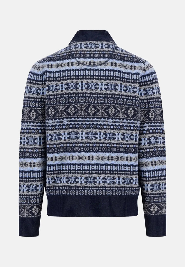 fynch-hatton-Lambswool Jacquard 1/4 Zip Knit Navy