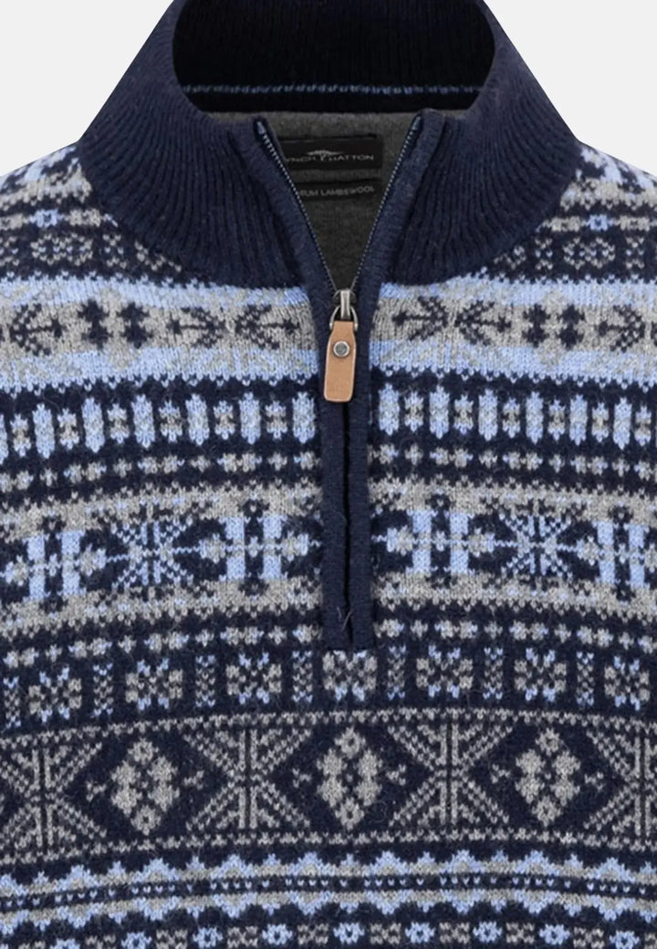 fynch-hatton-Lambswool Jacquard 1/4 Zip Knit Navy