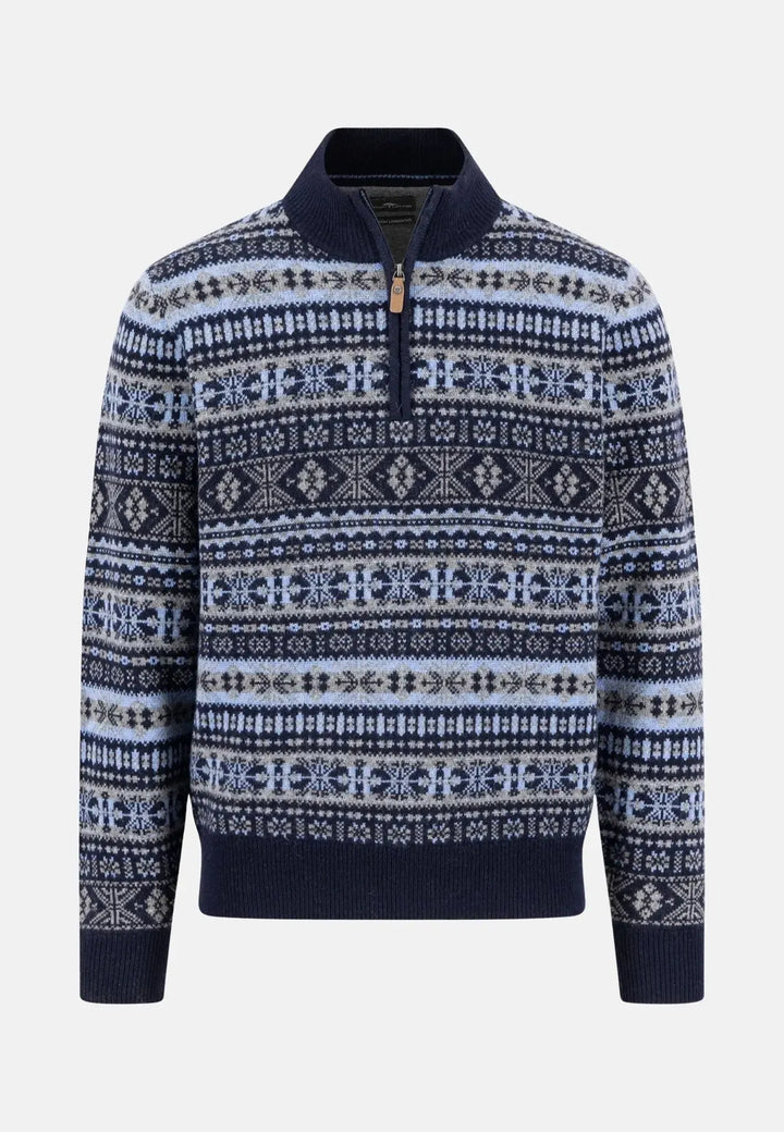 fynch-hatton-Lambswool Jacquard 1/4 Zip Knit Navy