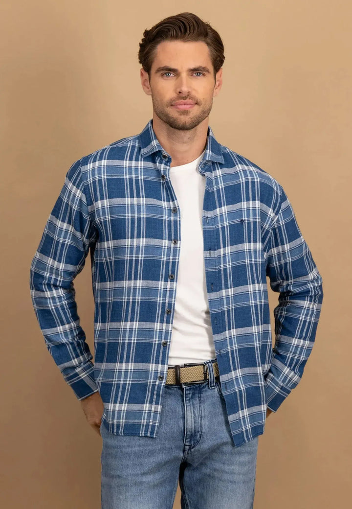 fynch-hatton-Large Check Kent Collar Shirt Misty Blue