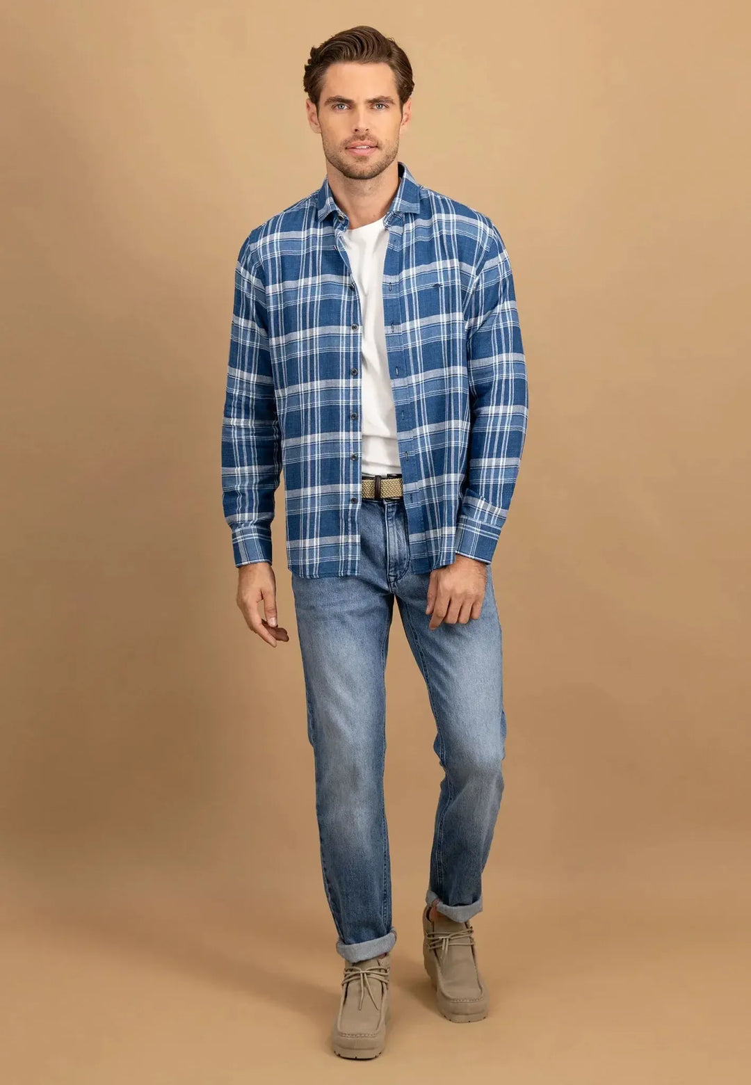 fynch-hatton-Large Check Kent Collar Shirt Misty Blue