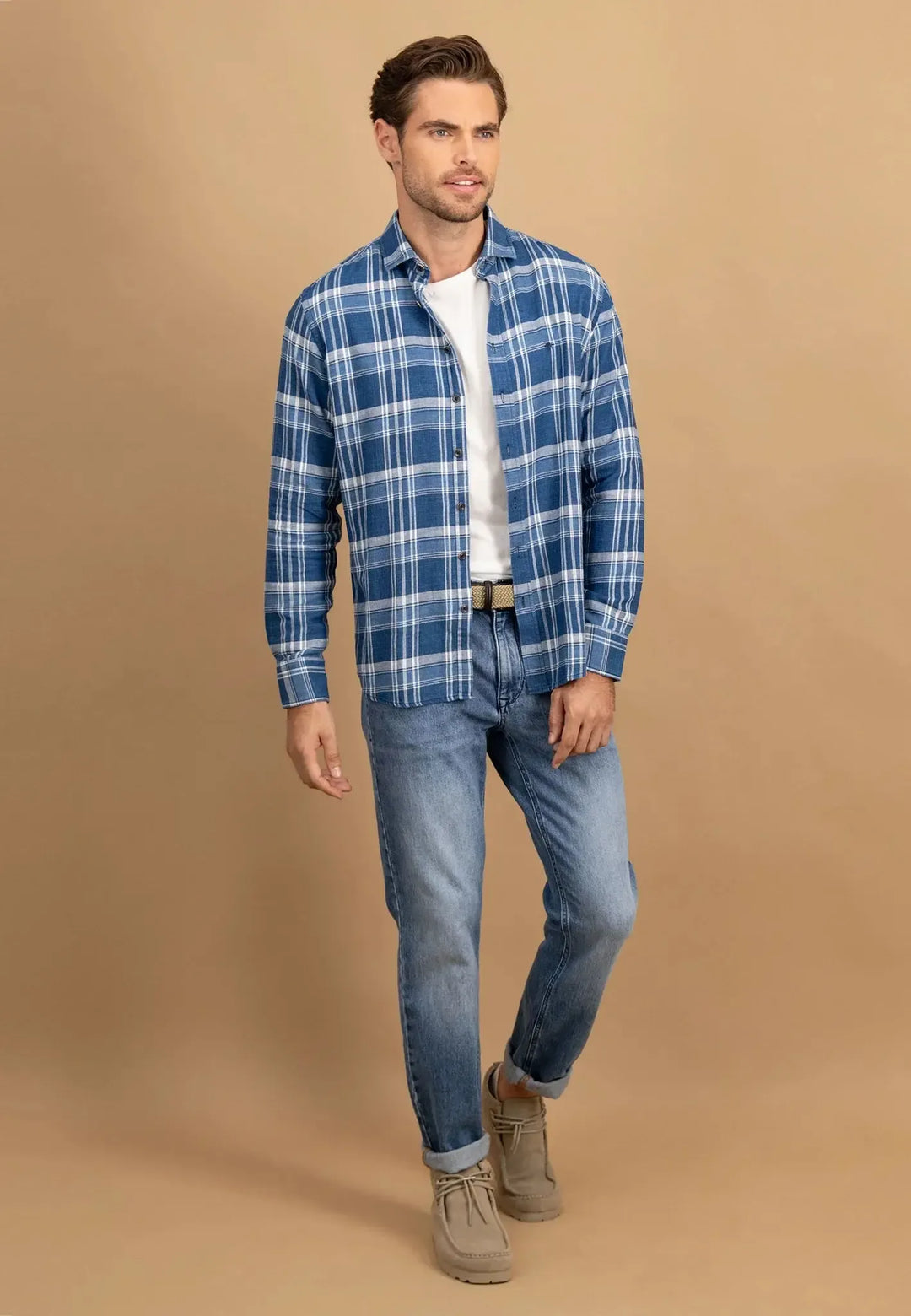 fynch-hatton-Large Check Kent Collar Shirt Misty Blue