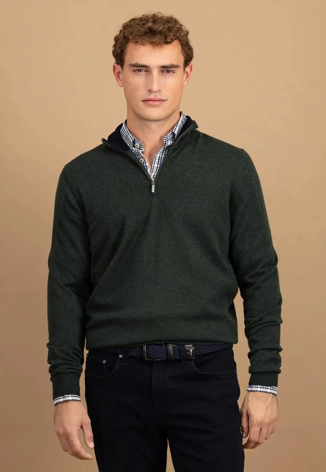 fynch-hatton-Merino Wool Cashmere 1/4 Zip Knit Dark Ivy