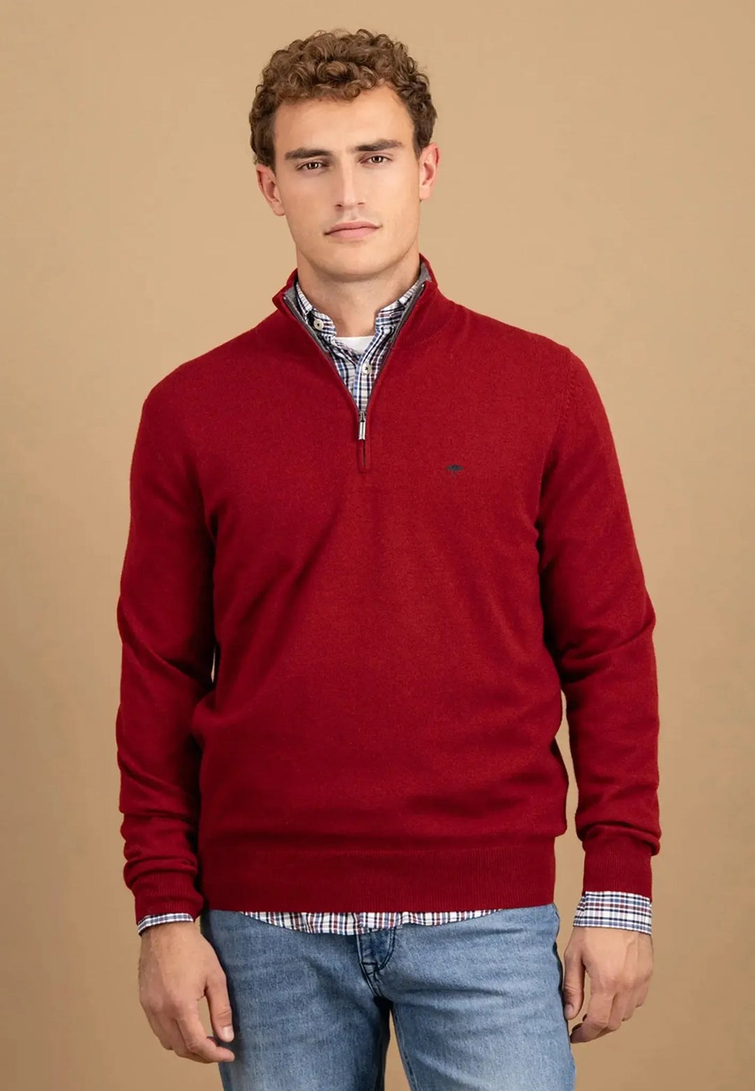 fynch-hatton-Merino Wool Cashmere 1/4 Zip Knit Garnet Red
