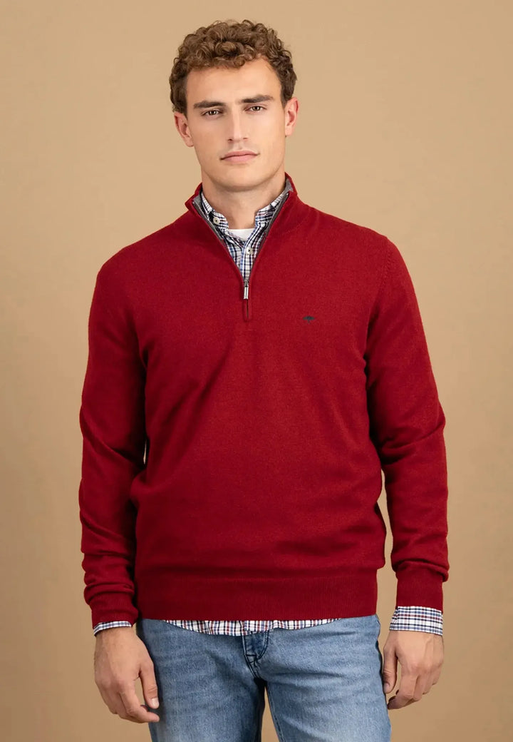 fynch-hatton-Merino Wool Cashmere 1/4 Zip Knit Garnet Red