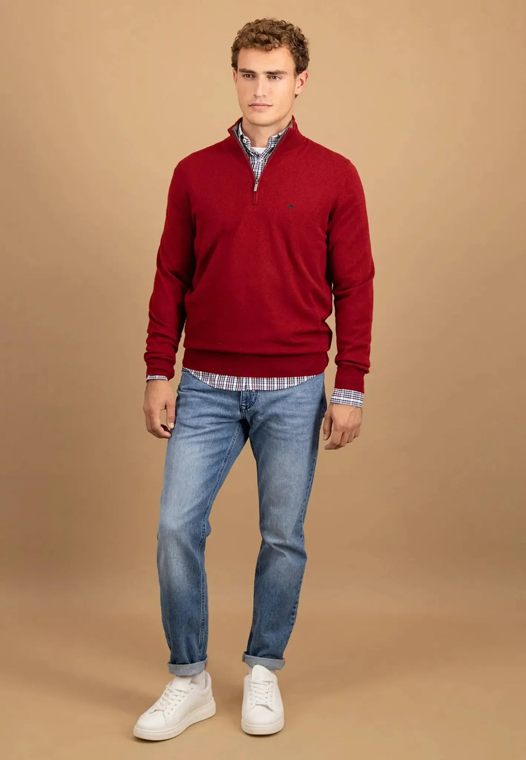 fynch-hatton-Merino Wool Cashmere 1/4 Zip Knit Garnet Red
