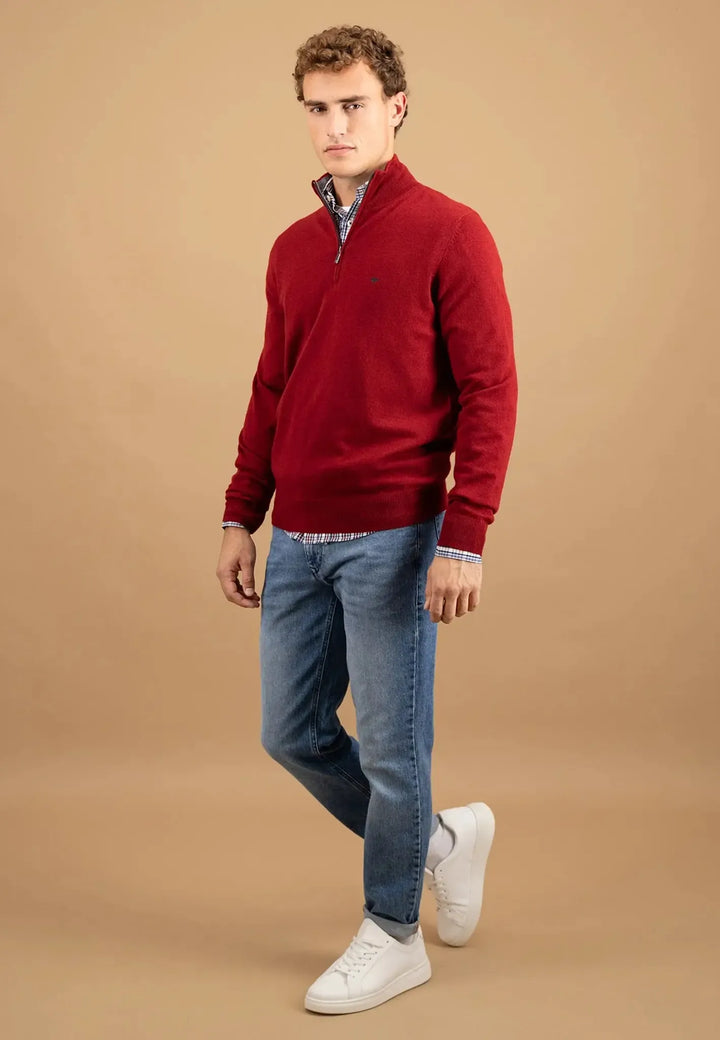 fynch-hatton-Merino Wool Cashmere 1/4 Zip Knit Garnet Red